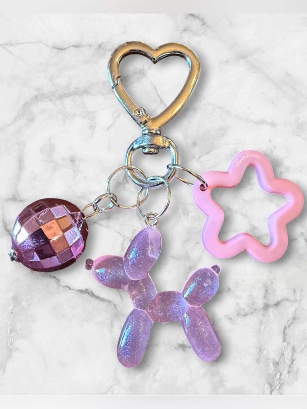 Heart Clip Keychain with Purple Balloon Dog, Pink Star & Shiny Bead